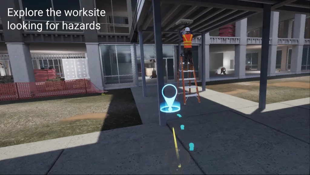 A screenshot of the USACE Safety Trainer 360 shows the first-person perspective of a user navigating the simulated construction site. The virtual reality game, developed through a partnership between the U.S. Army Engineering and Support Center, Huntsville and the Army Game Studio, was recently unveiled during a construction safety course led by the Center’s Safety Office. (Courtesy Photo)