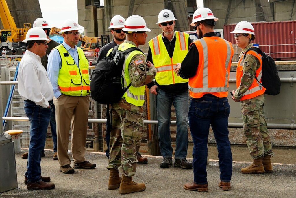 Great Lakes and Ohio River Division Commander Brig. Gen. Mark C. Quander visits John T. Meyers Locks and Dam in Mt. Vernon, Indiana, Sept. 12, 2023, to receive an update From Waylon Humphry, Louisville District Operations Division chief and Stephen Porter, Regional Rivers Repair Fleet chief, on the miter gate replacement project.