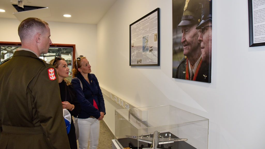 U.S. Army Corps of Engineers, Europe District Deputy Commander Lt. Col. John Kline and others check out the displays in the lobby of the new air traffic control tower on the Clay Kaserne portion of U.S. Army Garrison Wiesbaden. 