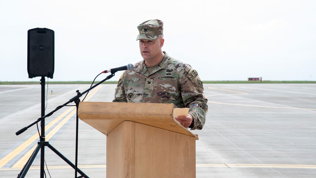 U.S. Army Corps of Engineers, Europe District Commander Col. Dan Kent speaks during a ribbon cutting ceremony celebrating the completion of the new cargo pad at the airfield on the Mihail Kogalniceanu Air Base portion of U.S. Army Garrison Black Sea in Romania.