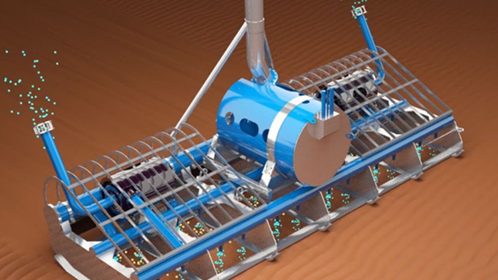 3D digital rendering showcasing the structural framework and internal dual-pump mechanics of the Tiamat hydrodynamic dredging system.