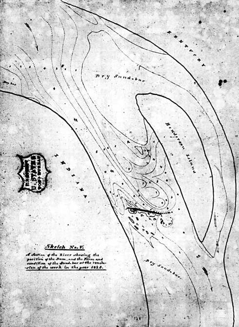 Map of Henderson Island sandbar in the Ohio River, 1825. Clearing hazards from the Ohio River was a primary goal of the first Rivers and Harbors Act. NATIONAL ARCHIVES