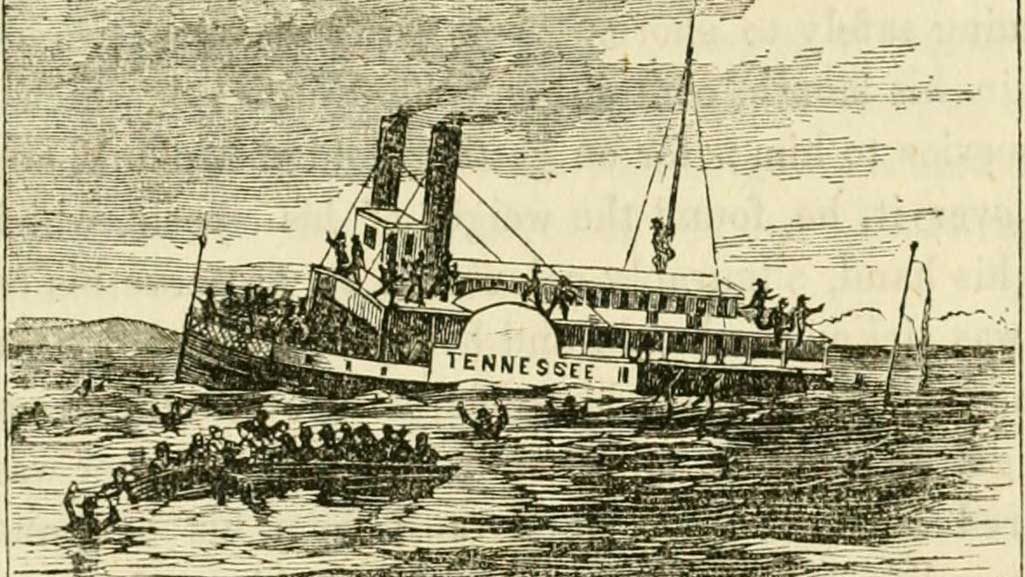 Illustration of the steamer Tennessee sinking on the night of Feb. 8, 1823, after hitting a submerged tree trunk. LLOYD’S STEAMBOAT DIRECTORY, 1856