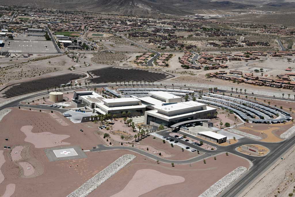Weed Army Community Hospital. Its considerable energy requirements, including the level of air conditioning needed for its location in the Mojave Desert, are met entirely by solar power and other renewable energy sources, making it a net-zero certifiable facility. U.S. ARMY PHOTO BY SGT. 1ST CLASS BEN HOUTKOOPER