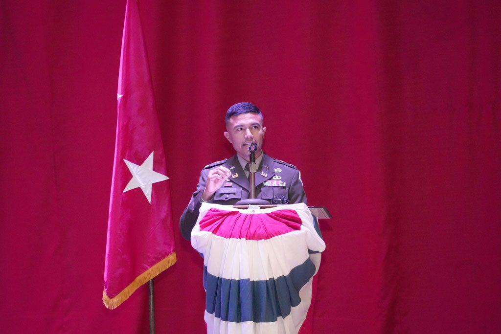 Lt. Col. Guillermo Guandique addresses guests after taking command of the U.S. Army Corps of Engineers Nashville District during a change of command ceremony June 18, 2025, at the Grand Lodge of Tennessee in Nashville, Tennessee. Guandique is the 69th commander of the Nashville District.