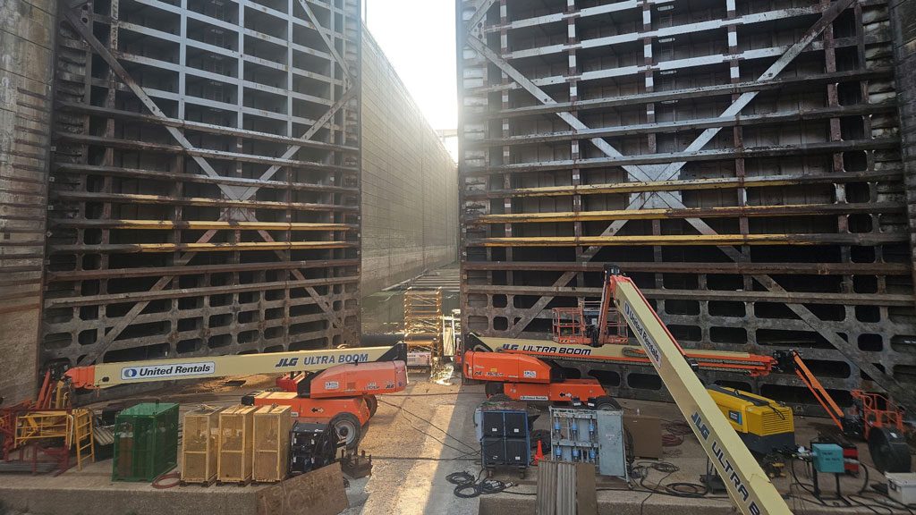 The U.S. Army Corps of Engineers Nashville District swing the downstream miter gates June 10, 2025. Officials expect that Wilson Lock at Tennessee River mile 259.4 will reopen on or about June 30, 2025.