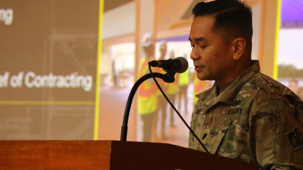 Lt. Col. Jason A. Supnet, military deputy chief of contracting with the U.S. Army Corps of Engineers – Far East District, speaks during the district’s first-ever Joint Industry Day, April 9, 2025. Recently named the 2025 USACE 51C Commissioned Officer of the Year, Supnet was recognized for his leadership in strengthening vendor relationships, fostering bilateral cooperation, and advancing the district’s contracting mission. (U.S. Army photo by Monique Freemon)