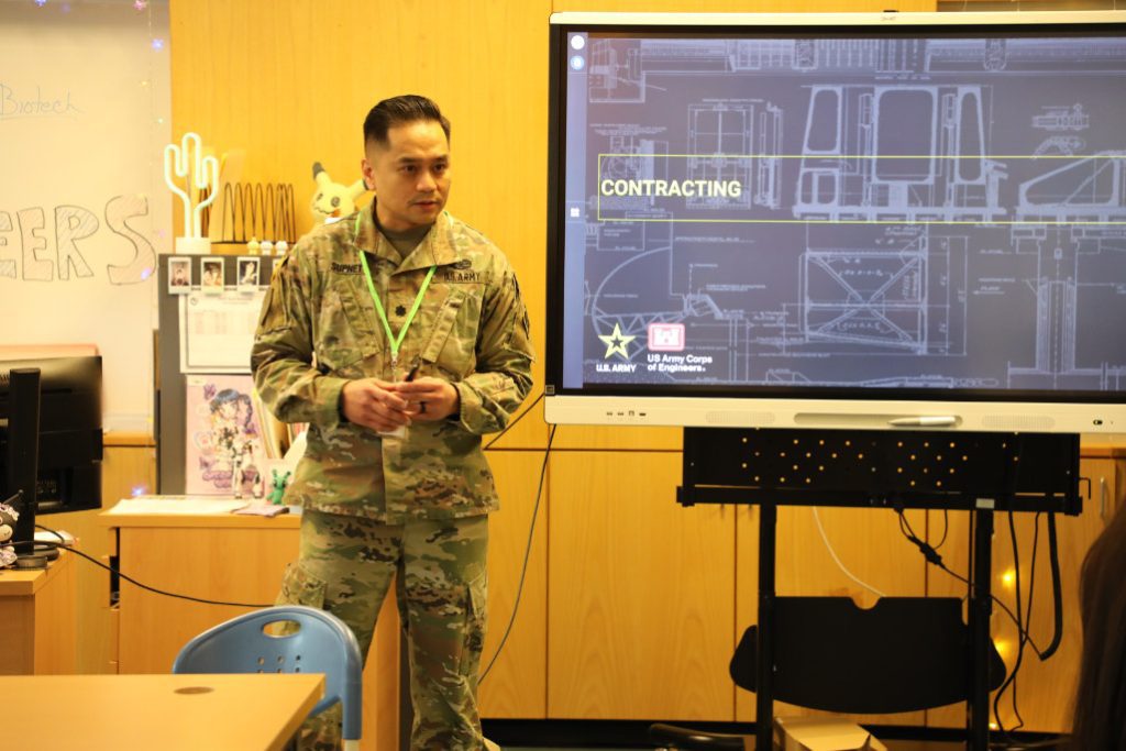 Members of the U.S. Army Corps of Engineers - Far East District spoke with students at Humphreys High School in engineering classes during Engineers Week outreach efforts at Humphreys High School, Camp Humphreys, South Korea, on Feb. 21, 2025. The students learned about USACE's mission and future careers in science, technology, engineering, arts and mathematics (STEAM) from district personnel. (US Army photo by Yohan An)