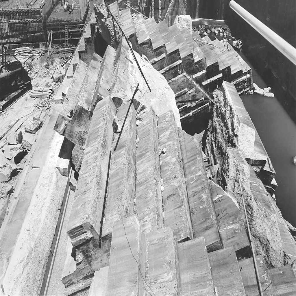 This is a view of the collapsed lock wall taken June 14, 1961, at Wheeler Lock on the Tennessee River in Rogersville, Alabama. The photo was included in a TVA report titled “Wheeler Lock Failure” written in November 1961. The report concluded that a thin seam of clay located within a shale band in the bedrock caused the failure.