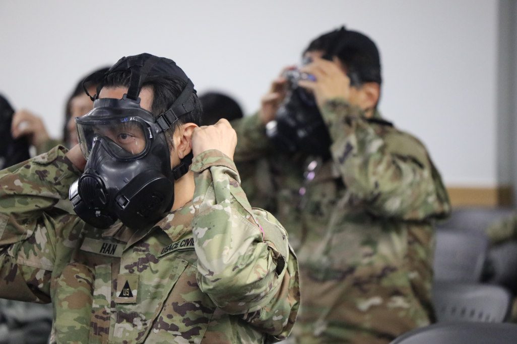During Operation Ulchi Freedom Shield 25 (UFS25), U.S. Army Corps of Engineers – Far East District emergency essential civilians (EECs) and mission essential civilians (MECs) took part in chemical, biological, radiological, and nuclear (CBRN) defense training on Aug. 26, 2025, at Camp Humphreys, South Korea. The training, conducted as part of UFS25, which ran from Aug. 18-28, aimed to ensure FED EECs and MECs were prepared to support U.S. and Republic of Korea (ROK) forces during wartime contingencies. (U.S. Army photo by Monique Freemon)