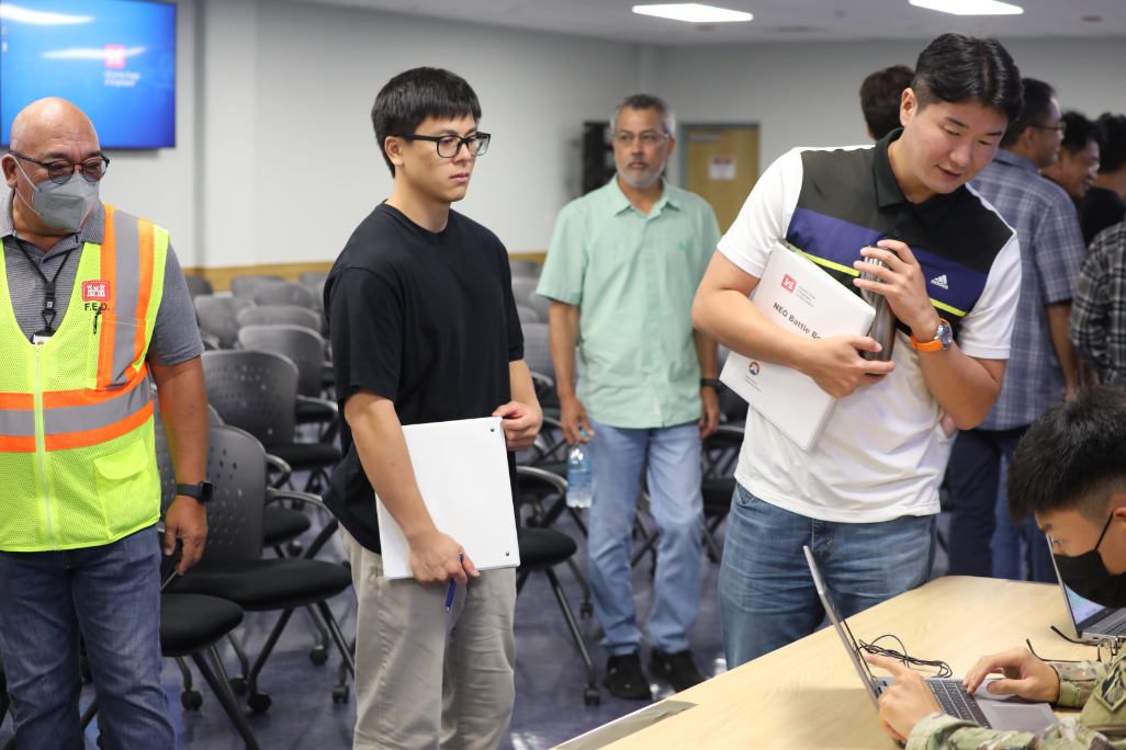 Non-essential U.S. Army Corps of Engineers – Far East District employees attended Noncombatant Evacuation (NEO) procedures training Aug. 27, 2025, at Camp Humphreys, South Korea, to understand its operations and preparations. This training was part of FED’s participation in the Ulchi Freedom Shield 25 exercise (UFS25) held from Aug. 18-28, 2025. Trainers suggested non-essential employees to have an emergency NEO bag packed in case of an evacuation, which contained toiletries, water, important documents, clothes and other necessities. (U.S. Army photo by Monique Freemon)