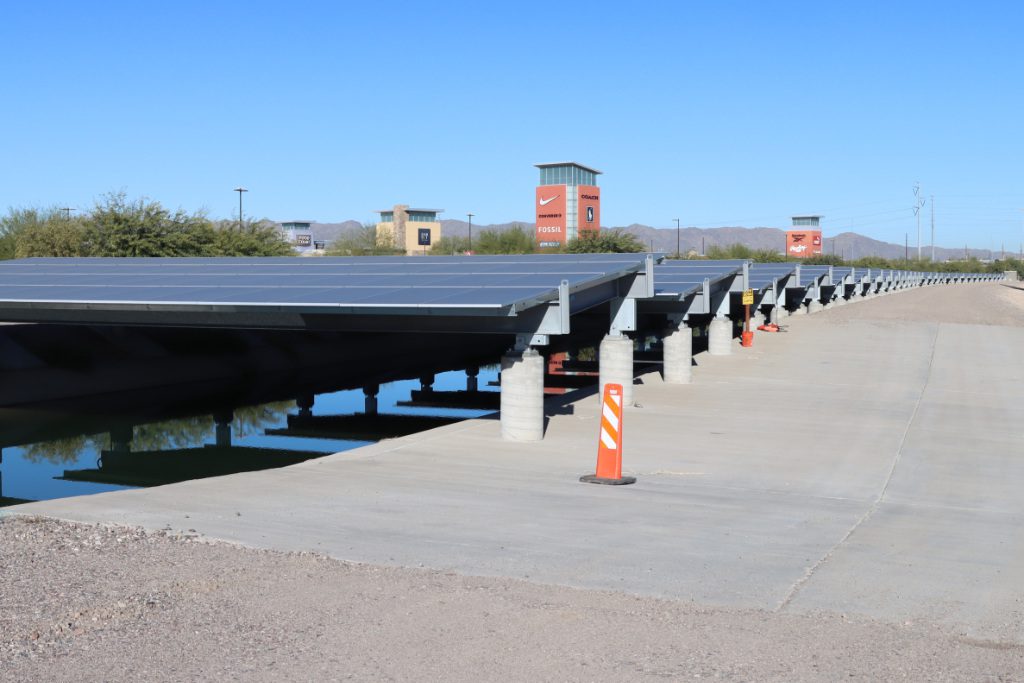Solar panels over a section of the Gila River Indian Community’s canal are shown Dec. 11 at the Gila River Indian Reservation in Arizona. The U.S. Army Corps of Engineers Los Angeles District joined the Gila River Indian Community for a ribbon-cutting ceremony to celebrate the completion of the project.