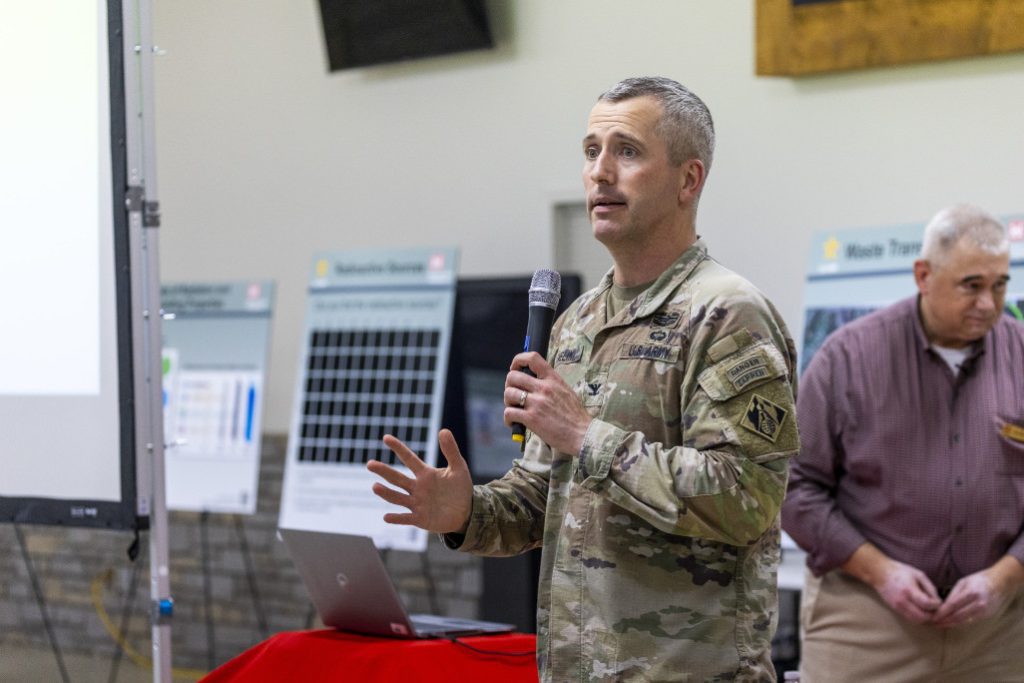 Col Nicholas Melin, commander for the U.S. Army Corps of Engineers Pittsburgh District, speaks to the audience at a recent Shallow Land Disposal Area public information session. The Corps of Engineers intends these meetings to ensure the surrounding communities are up to date about the status of the remediation project and to answer questions about any aspect of the project. USACE PHOTO BY MICHEL SAURET