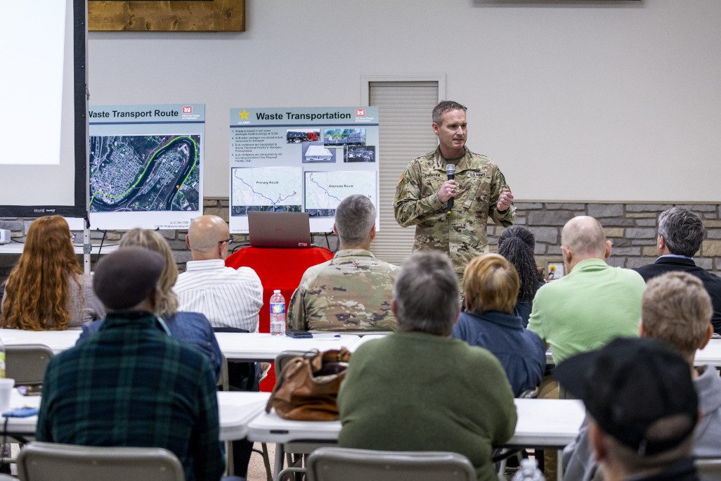 Lt. Col. Robert Burnham, commander for the U.S. Army Corps of Engineers Pittsburgh District, speaks to the audience at a recent Shallow Land Disposal Area public information session. The Corps of Engineers intends these meetings to ensure the surrounding communities are up to date about the status of the remediation project and to answer questions about any aspect of the project. USACE PHOTO BY MICHEL SAURET