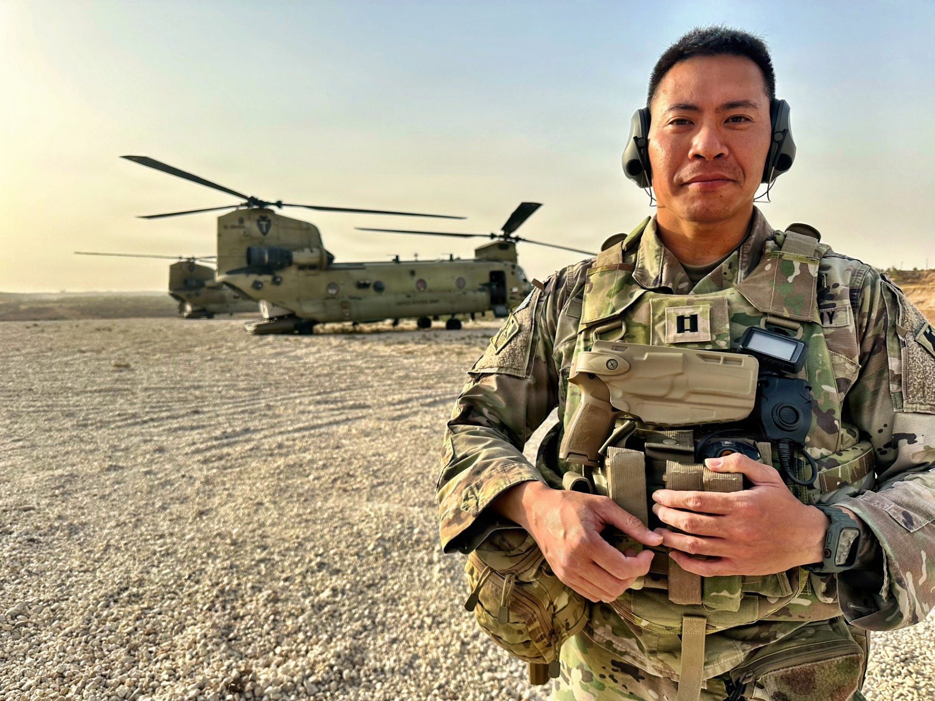 U.S. Army Corps of Engineers-Transatlantic Expeditionary District (USACE-TAE) Project Manager Captain Hung Nguyen before boarding a CH-47 at an undisclosed location in Syria. USACE PHOTO BY BILL ANDERSON