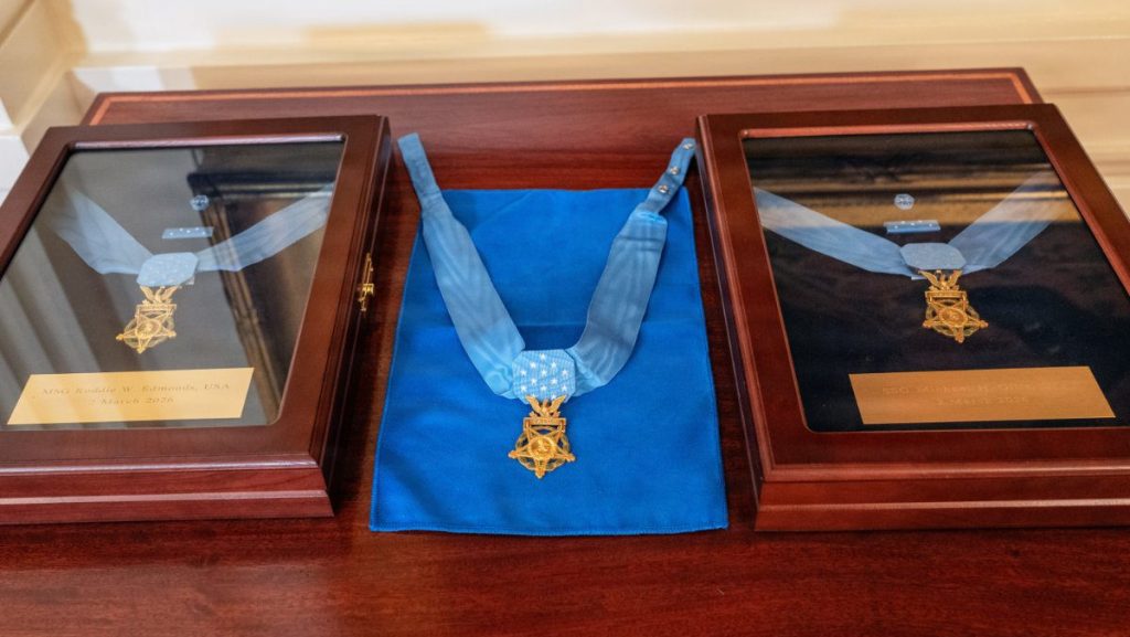 Three Medals of Honor are displayed in the East Room of the White House