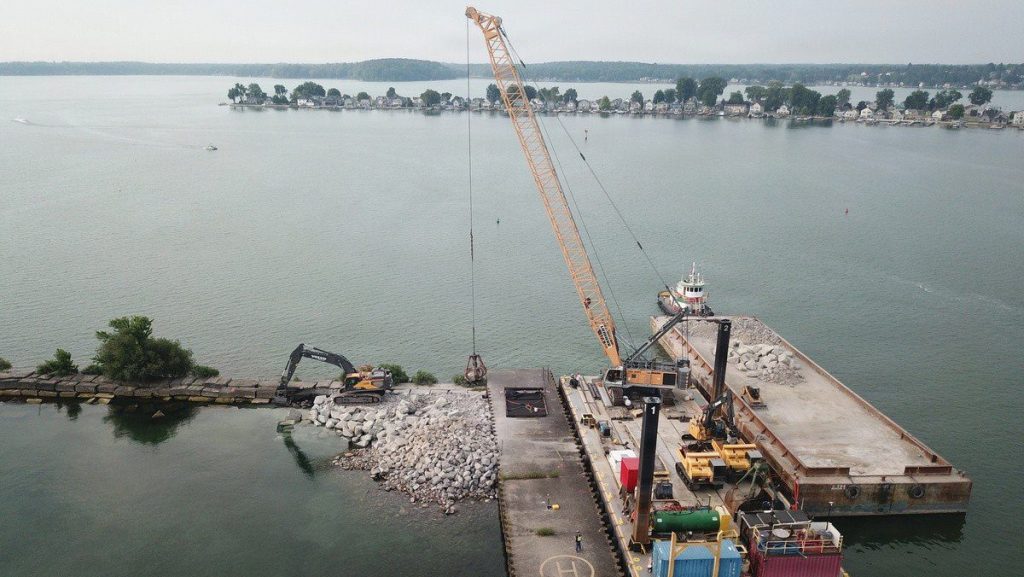 The Great Sodus Bay East Breakwater undergoes repairs by contractors for the U.S. Army Corps of Engineers, Buffalo District in Sodus Point, New York, Aug. 17, 2025. The repairs will restore the full 1,653-foot length of the breakwater, ensuring the harbor’s viability and its contributions to the local and national economy, as well as protection of some of the area’s best waterfront opportunities. USACE COURTESY PHOTO