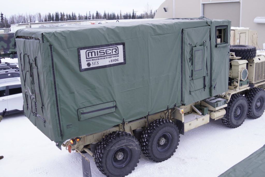 The Mobile Insulation System for Energy Reduction (MISER) system post-assembly and loaded for transport at Fort Wainwright, Alaska.
