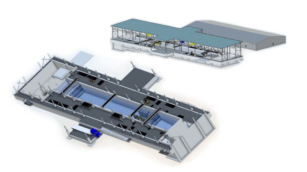 Renderings of the Hydraulic Structures Experiment Model scheduled to be completed in fiscal year 2028. USACE COURTESY IMAGE