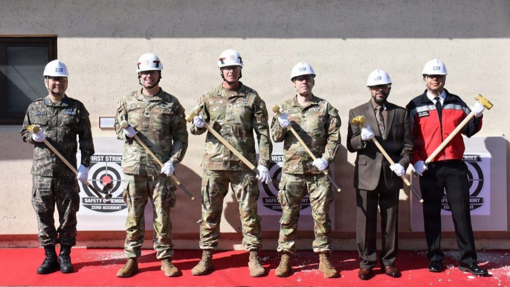 Defense Installations Agency, and other representatives kicked off construction of the Consolidated Fire and Military Police Station with a First Strike Ceremony at Camp Walker, South Korea, on April 16, 2026. Participants included Brig. Gen. Joseph C. “Clete” Goetz, commander, USACE Pacific Ocean Division; Col. Jeremiah J. Willis, commander, USACE FED; Col. Jeffery D. Noll, commander, USAG Daegu; and others. The contractor followed the event with a traditional Korean ceremony for safe execution of the project.