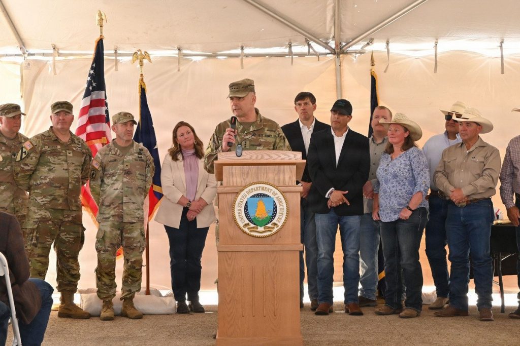 U.S. Army Corps of Engineers Commander Lt. Gen. William “Butch” Graham Jr. addresses those in attendance for a groundbreaking ceremony for the New World Screwworm Sterile Fly Production Facility. The ceremony, held under clear South Texas skies at Moore Air Base, marked the beginning of construction on the state-of-the-art facility designed to produce sterile screwworm flies as part of a proven biological control program for the U.S. Department of Agriculture’s Animal and Plant Health Inspection Service. The new facility will be constructed by Mortenson of Minneapolis, Minnesota, at a total project cost of $610 million. Once complete and fully operational, it will significantly enhance the nation’s ability to respond rapidly to any potential outbreak by producing and distributing approximately 300 million sterile flies per week to interrupt the pest’s reproductive cycle. USACE PHOTO BY PATRICK ADELMANN