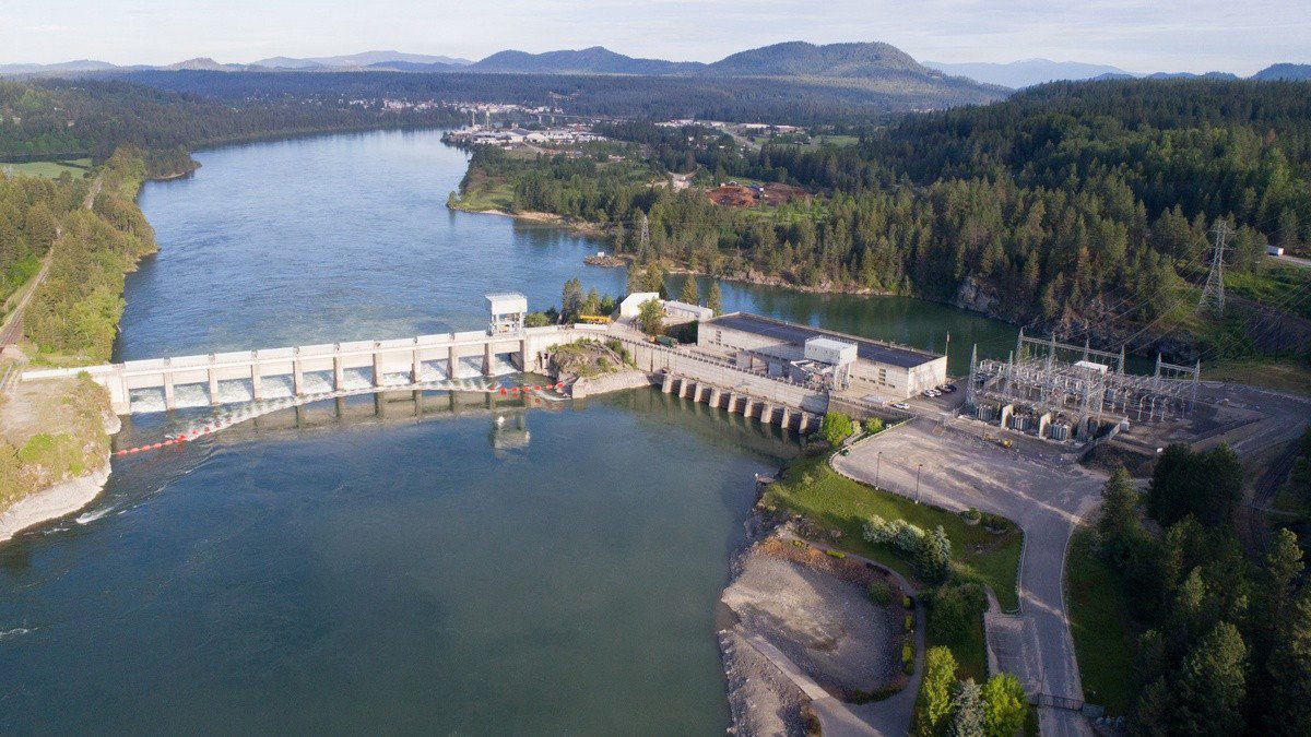 Aerial photo of Albeni Falls Dam, located in Oldtown, Idaho. Authorized for construction under the Flood Control Act of 1950, in response to the 1948 flood that swept over the river valleys of the Columbia Basin. The operating project's authorized purposes include flood risk management, hydropower generation, navigation, fish and wildlife conservation and recreation. USACE PHOTO BY NICOLE CELESTINE