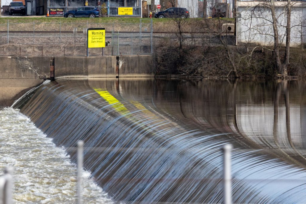 The fixed-crest dam at C.W. Bill Young Lock and Dam on the Allegheny River, New Kensington, Pennsylvania, March 25, 2026.