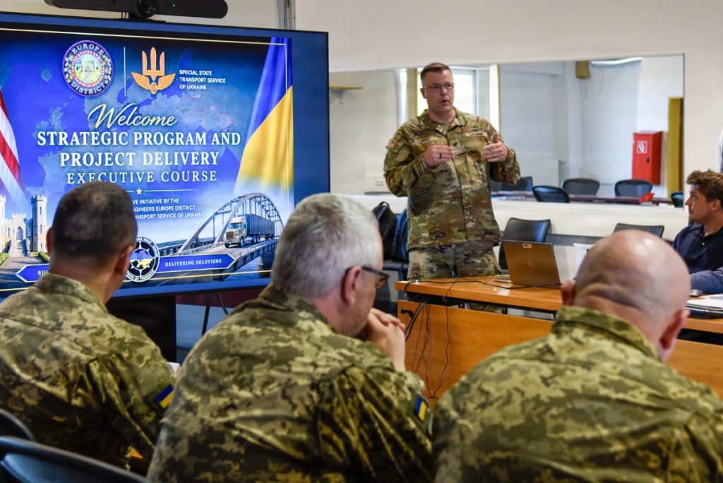 U.S. Army Corps of Engineers, Europe District Commander Col. Dan Kent welcomes officers from Ukraine’s State Special Transport Service to the Strategic Program and Project Delivery workshop April 27 at McCully Barracks in Wackernheim, Germany. The goal of this workshop was to empower Ukraine to be able to better lead aspects of its own recovery by familiarizing SSTS representatives with advanced approaches to implementing large-scale infrastructure projects that will support the recovery and protection of critical infrastructure of Ukraine. U.S. ARMY PHOTO HANNAH MITCHELL