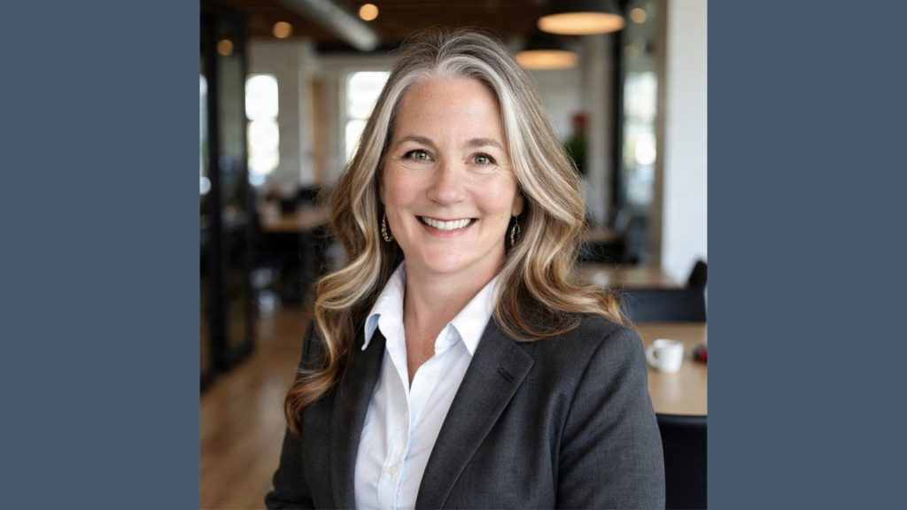 A headshot of Carol Athnos with blonde and silver hair smiling in a grey blazer and white collared shirt in an office setting.