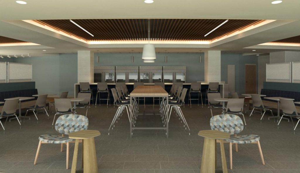 A architectural 3D interior rendering of a sleek lounge and dining facility featuring wooden slat ceilings, high-top tables, modern chairs, and soft pendant lights.