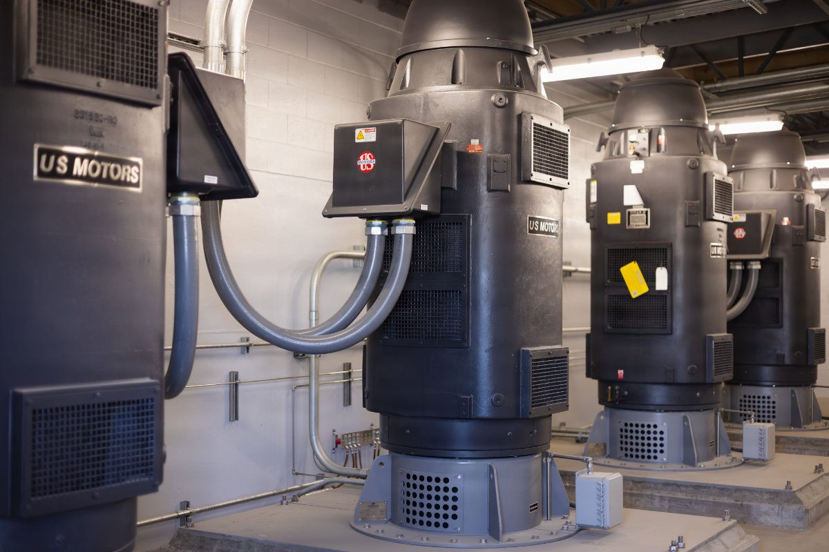 High-capacity industrial electric motor pumps installed inside a newly upgraded Kansas Citys Levees pump station.