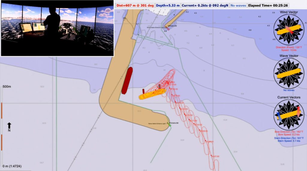 A split graphic showing a digital vessel trajectory map alongside an inset photo of an operator inside a panoramic bridge simulator.
