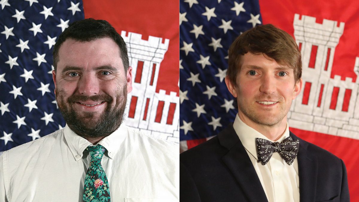 Side-by-side portrait of CRREL Research Physical Scientists Dr. Adrian Doran on the left and Dr. Kyle Dunn on the right in front of USACE and American flags.